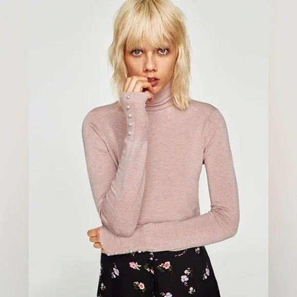 ZARA Pastel Pink Long-Sleeve Turtleneck Top Slim Fit Comfy White Pearl Buttons L - Picture 2 of 16